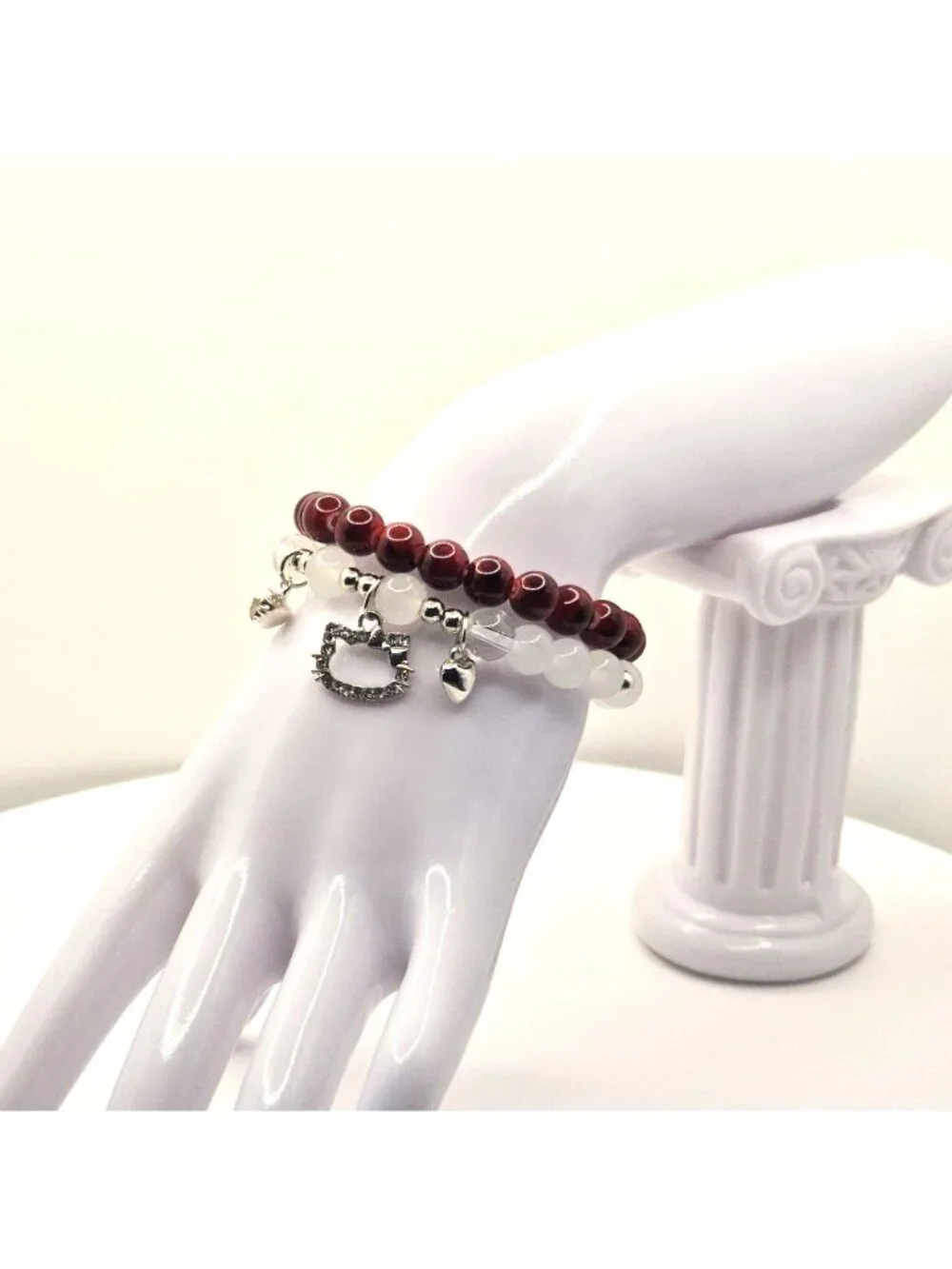 Cat Bracelet Gift for Her, Red Beaded Bracelet Stack, Kitty Charm Bracelet, Cute